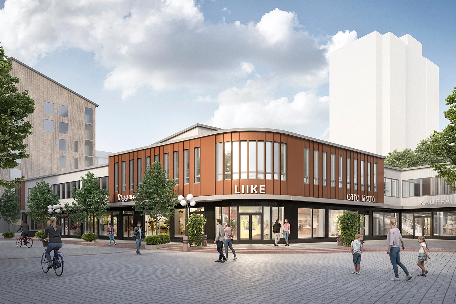 Kauppakaari saneeratun julkisivu havainnekuvassa kävelykadun varressa.